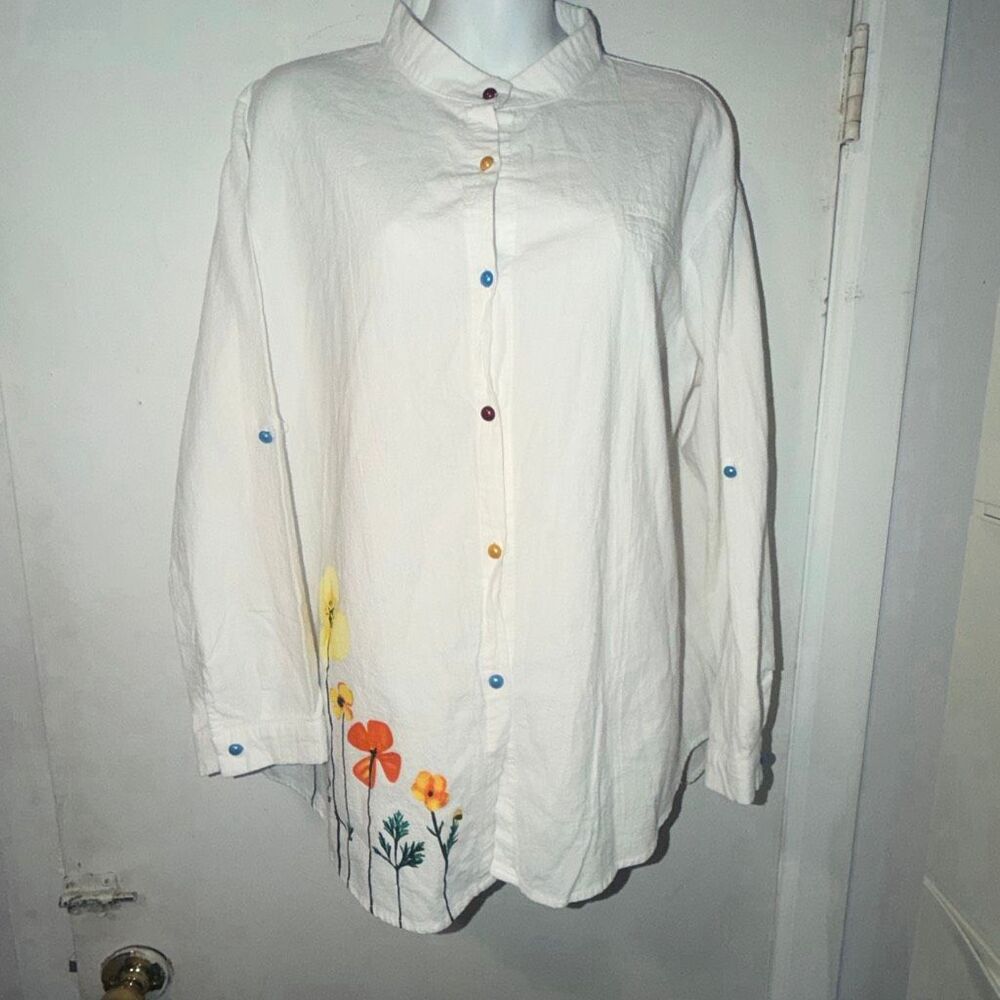 CAMISA White Cotton Blend Roll Sleeve Floral Print Blouse-XXL - Picture 2 of 9